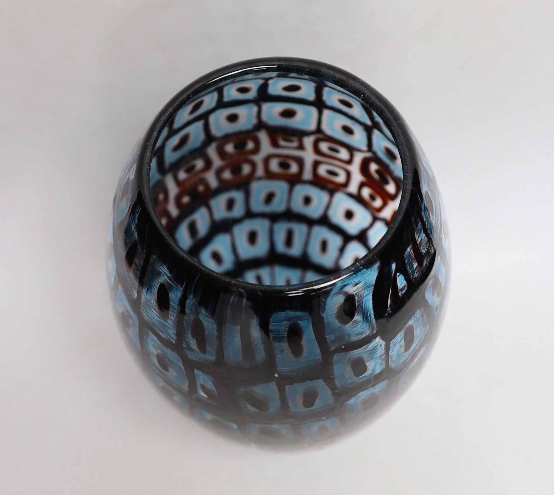 Vittorio Ferro (1932-2012) A Murano glass Murrine vase, ovoid shaped, with bands of squares in blue and red, unsigned, 29cm, Please note this lot attracts an additional import tax of 20% on the hammer price